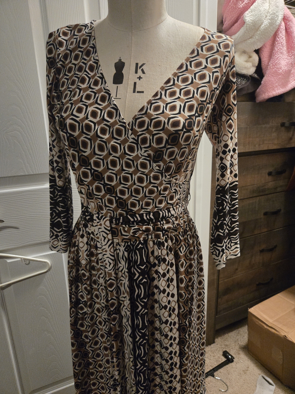 Evan Picone Brown and Black Geometric Wrap Maxi Dress